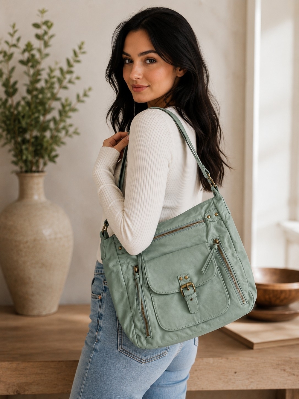 Scarleton Mint Green Multi-Pocket Shoulder Handbag | Faux Leather NWT